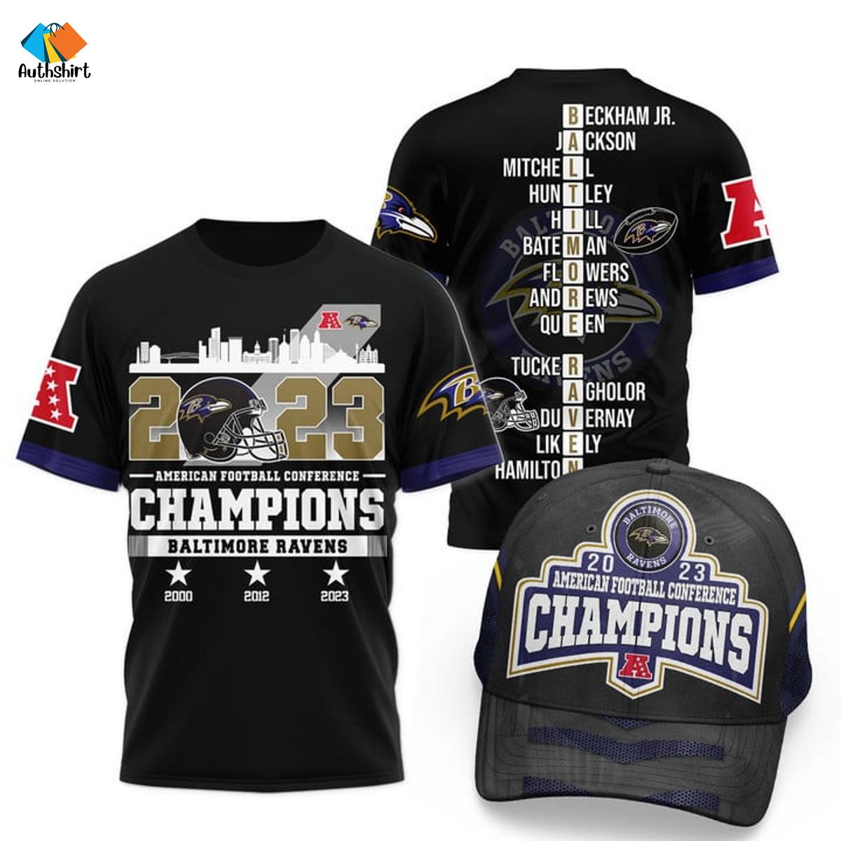 Baltimore Ravens AFC Champions 2023 Combo Shirt And Cap