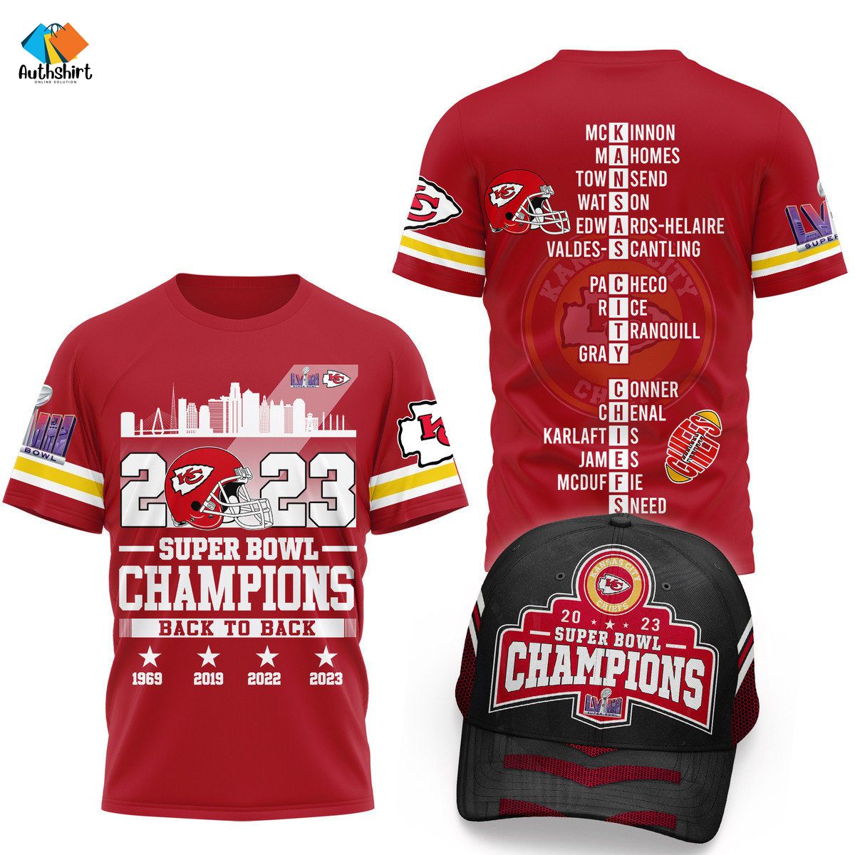 Kansas City Chiefs Super Bowl Back To Back Combo Shirt And Cap