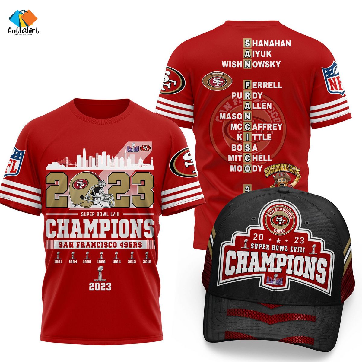 San Francisco 49ers Super Bowl LVIII Champions Combo Shirt And Cap